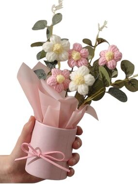 1 Set Handmade Knitted Yarn Artificial Flower Bouquet, Fabric & Knitted
